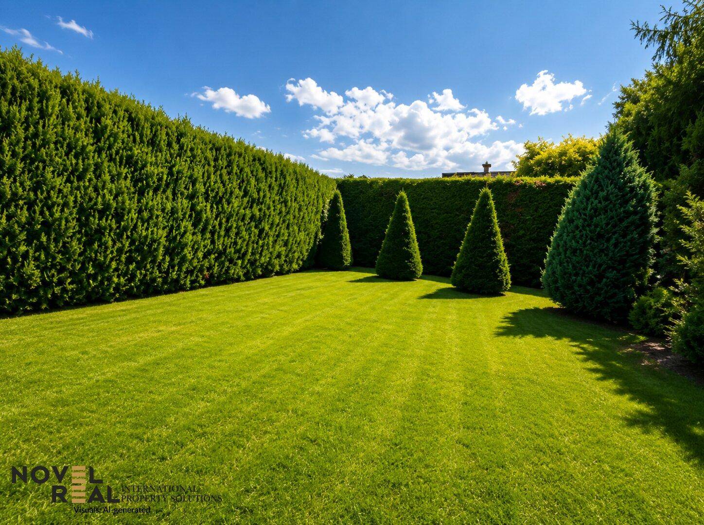 Idyllischer Gartenbereich mit akkurat geschnittenen Hecken und dekorativen Nadelbäumen.