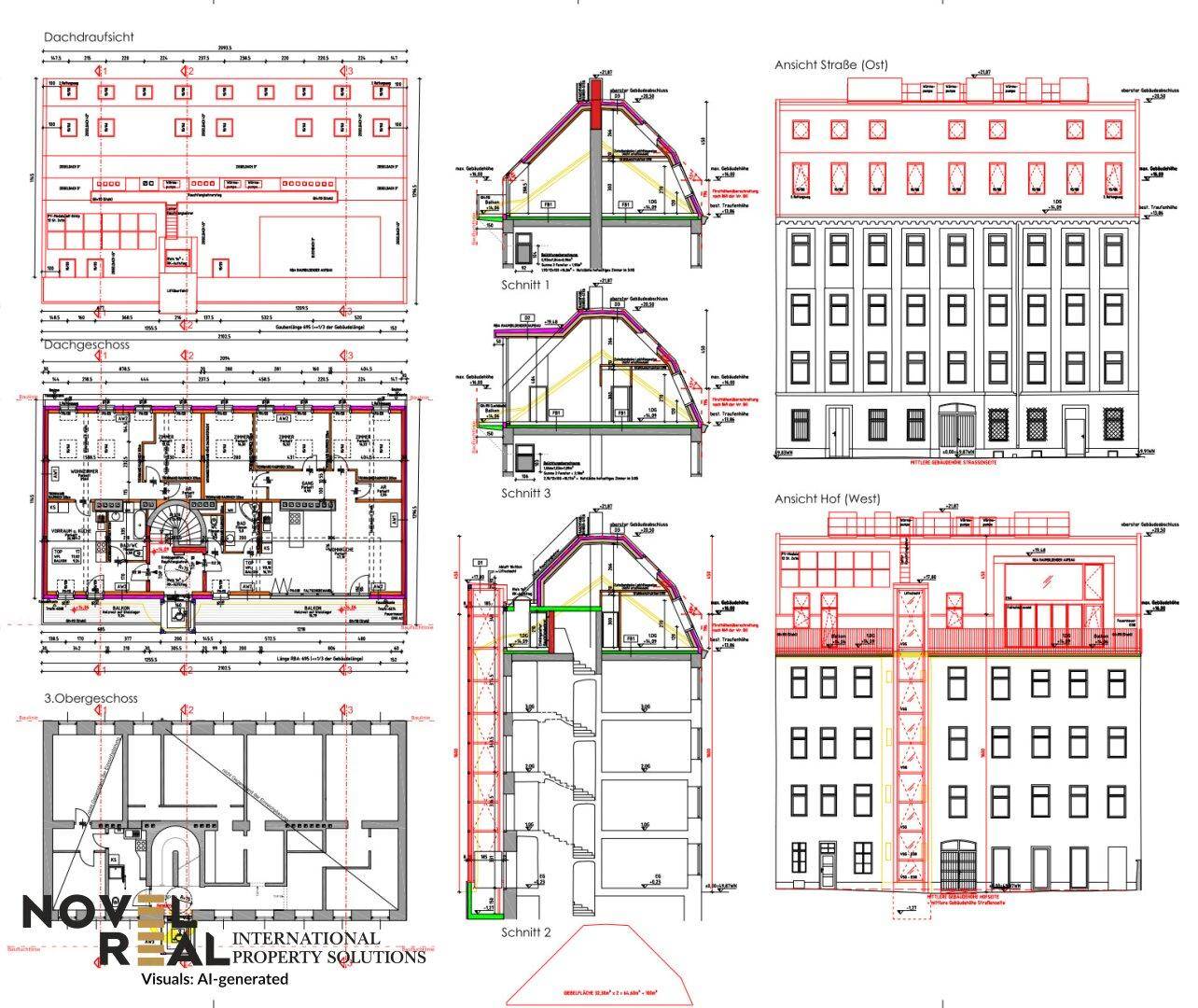 Architektonische Pläne mit Grundrissen, Schnitten und Ansichten des Gebäudes.