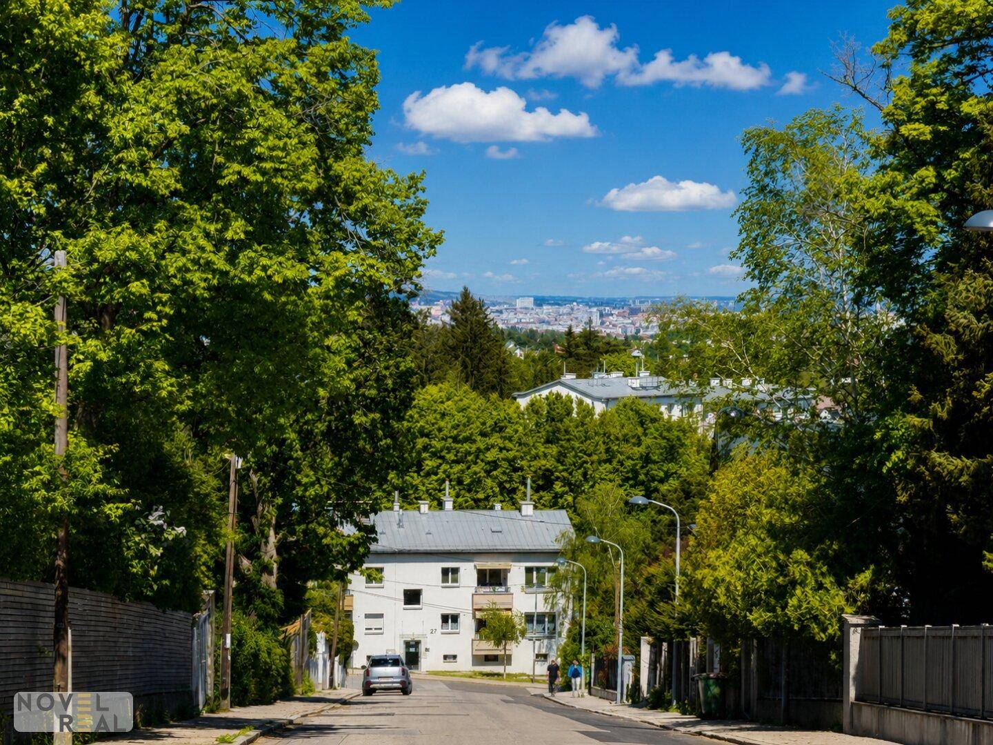 Wohnstraße mit Bäumen und Häusern, die einen weiten Blick auf die Stadt im Hintergrund bietet.