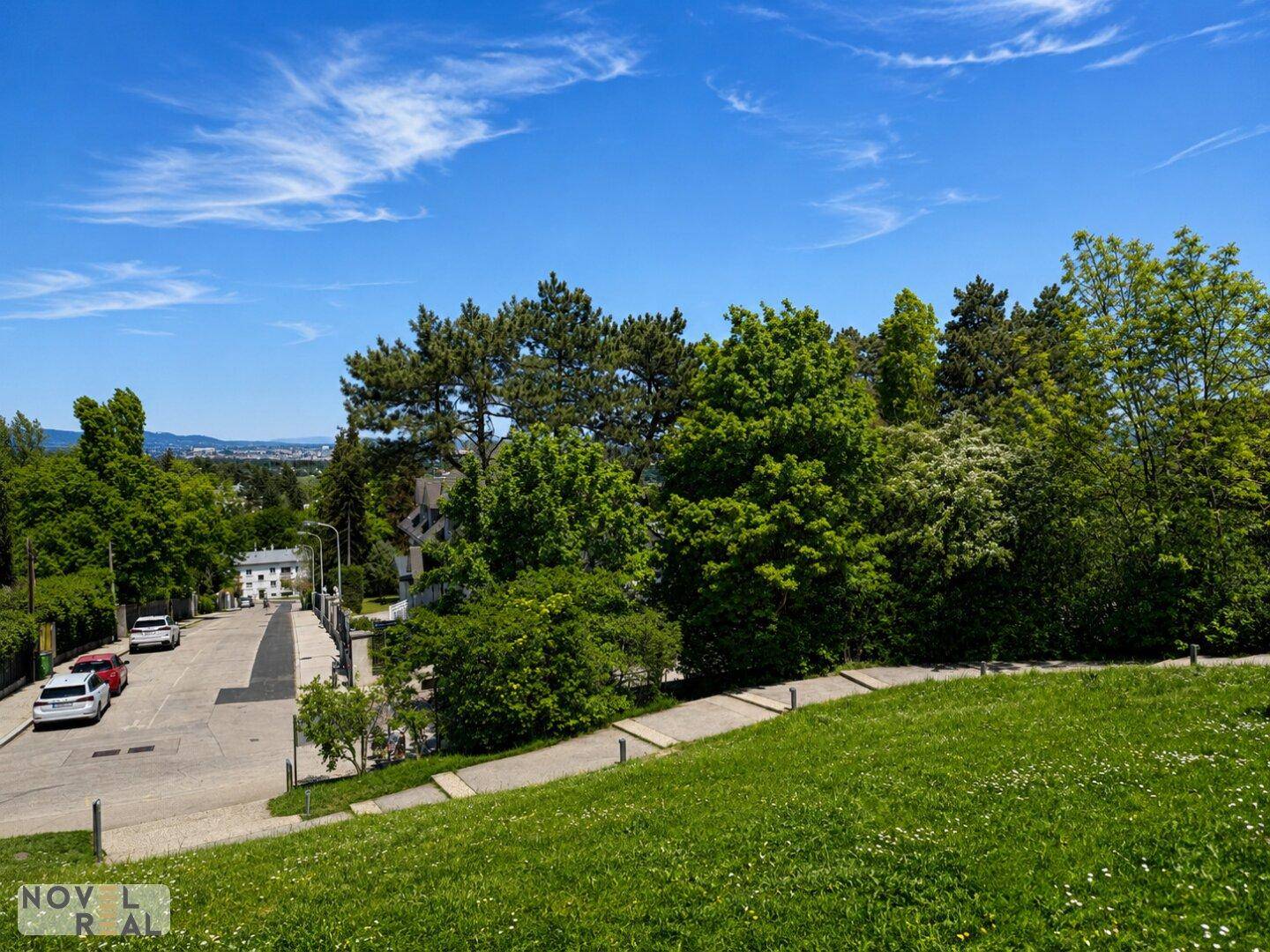 Grüne Hanglage neben einer Straße mit Häusern und einem weiten Blick auf die Stadt.