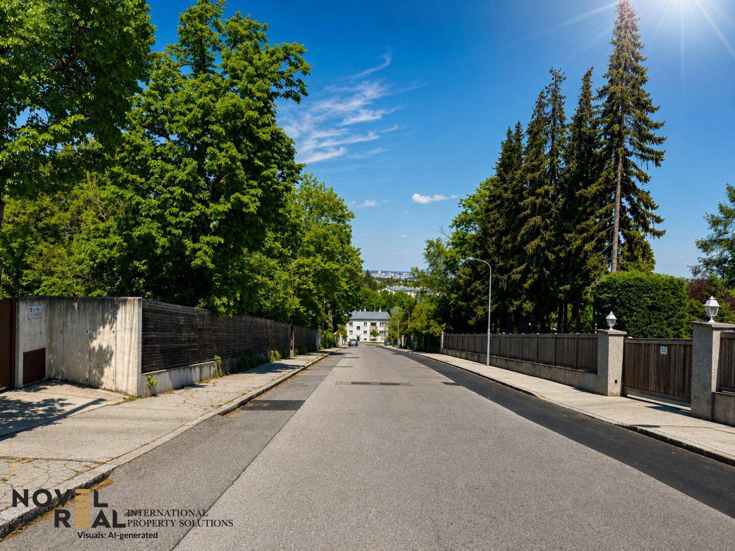 Ruhige Wohnstraße mit hohen Bäumen und einem weiten Blick auf die Stadt in der Ferne.