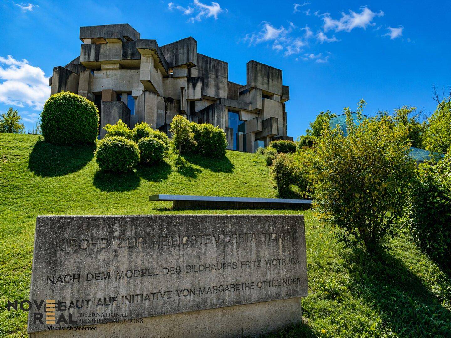 Brutalistisches Betongebäude auf einem Hügel mit einem steinernen Hinweisschild im Vordergrund.