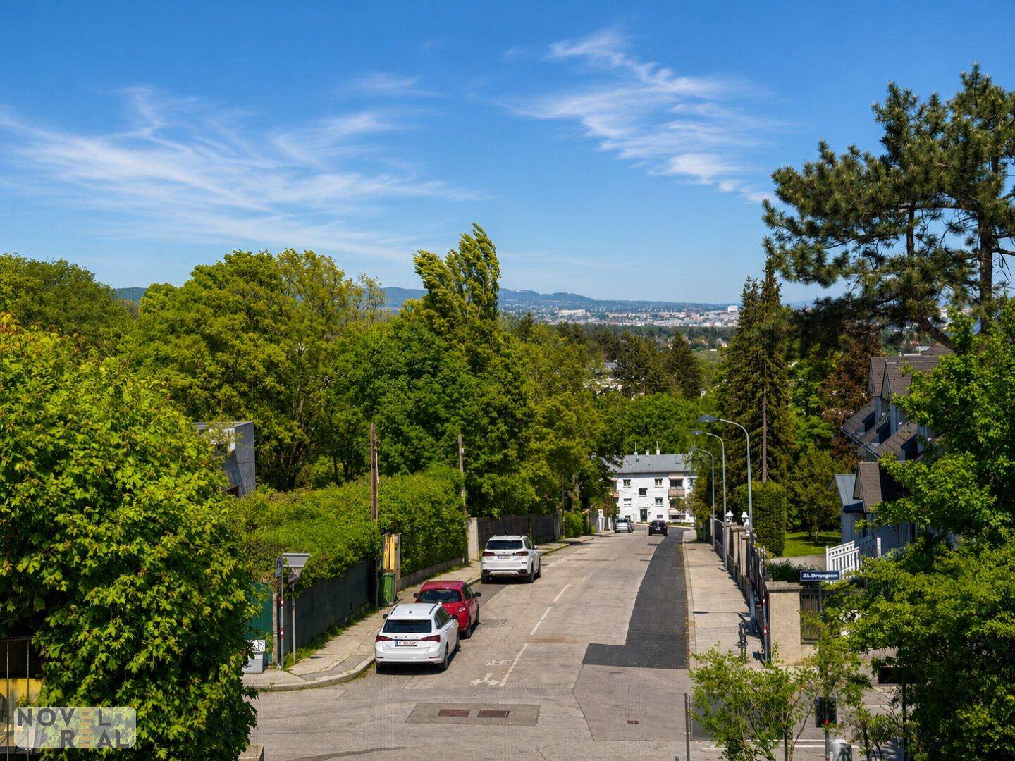 Panoramablick über eine ruhige Wohnstraße mit viel Grün und einer weiten Fernsicht.