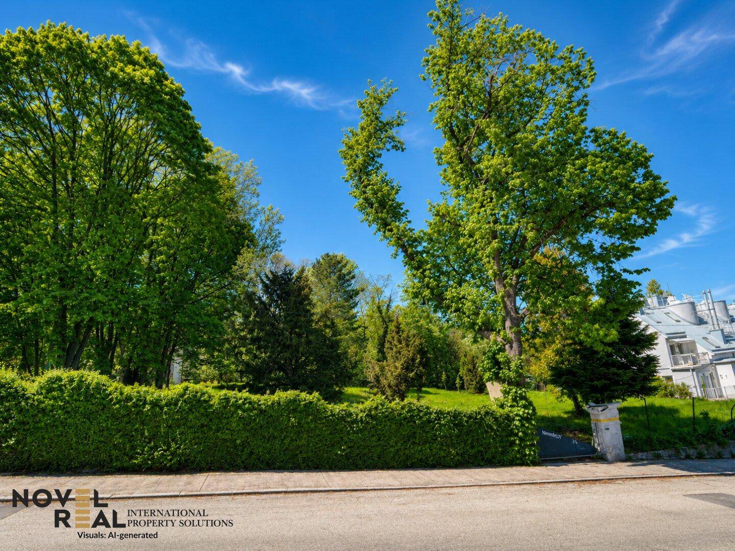 Ruhige Wohnstraße mit einer gepflegten Hecke und hohen Bäumen unter strahlendem Sonnenschein.