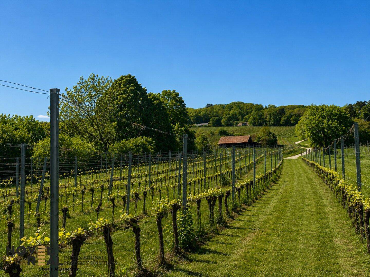 Malerischer Weinberg mit jungen Reben, einem Feldweg und einem Gebäude in der Ferne.