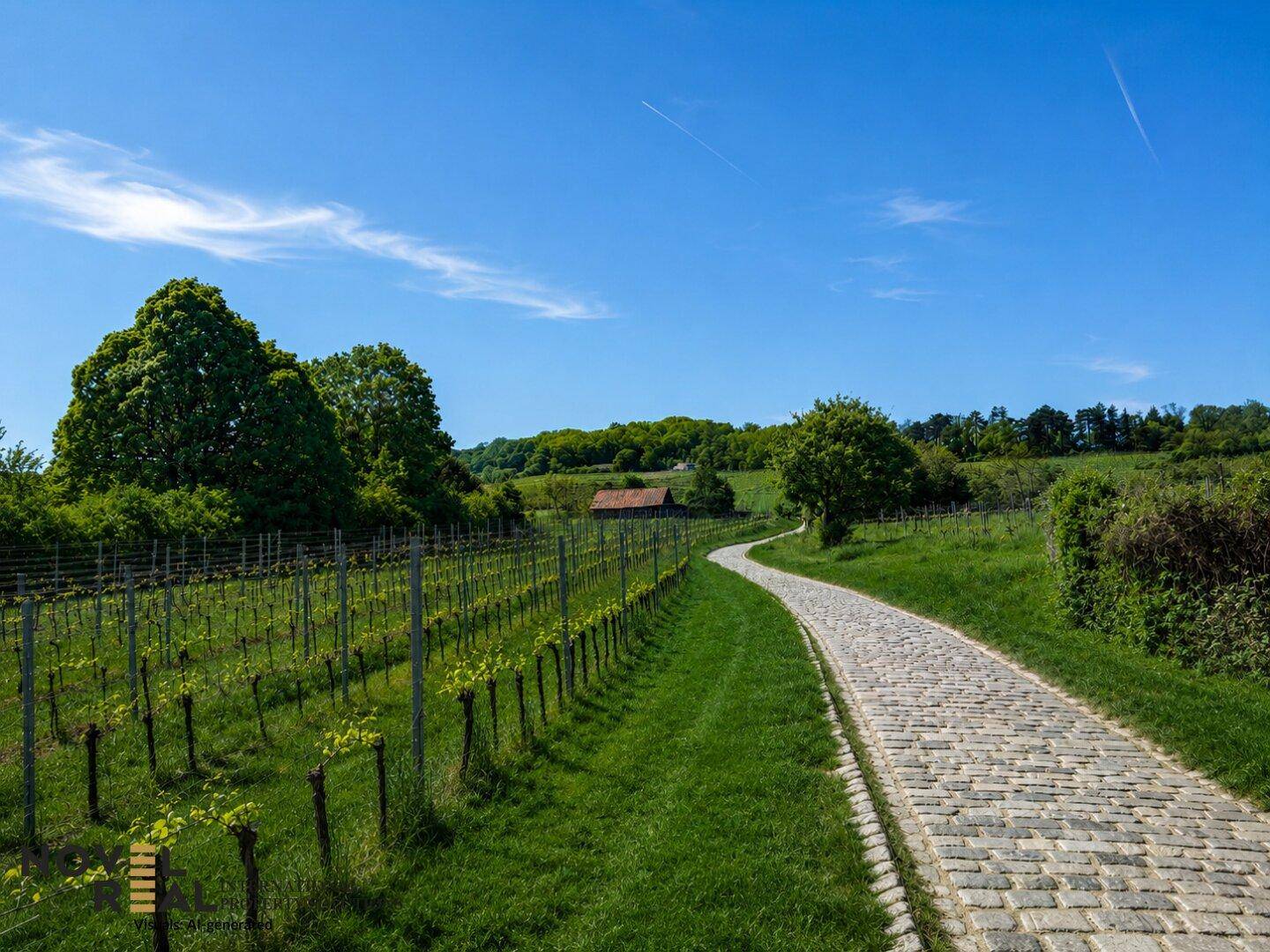 Malerischer Weinberg mit einem gepflasterten Weg, umgeben von grünen Reben und Bäumen.