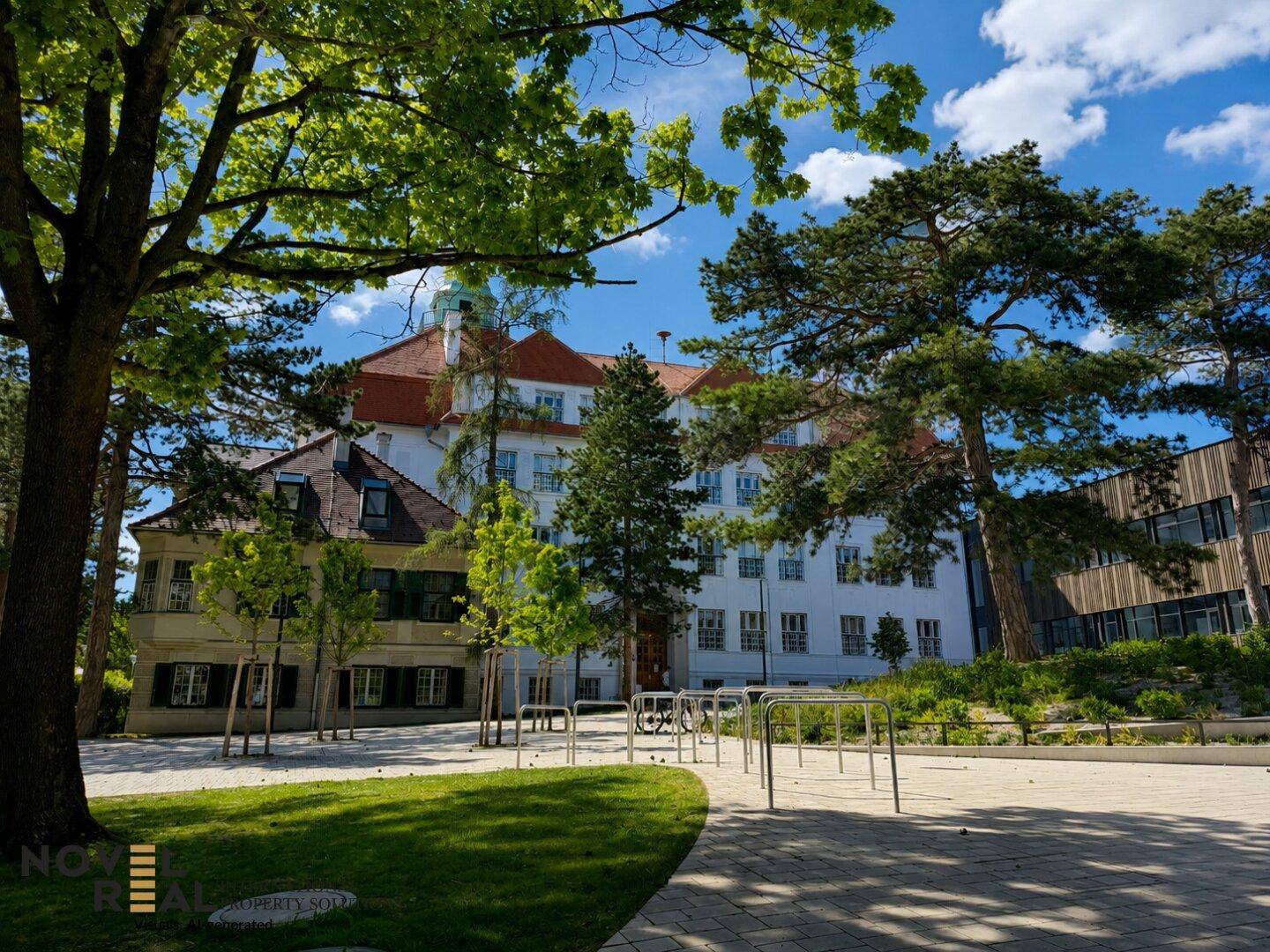 Großes, klassisches Gebäude mit hohen Bäumen und einem gepflasterten Vorplatz unter blauem Himmel.