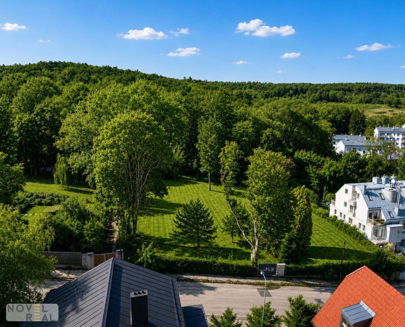 Weitläufiges Grundstück mit gepflegtem Rasen und dichtem Wald im Hintergrund unter blauem Himmel.