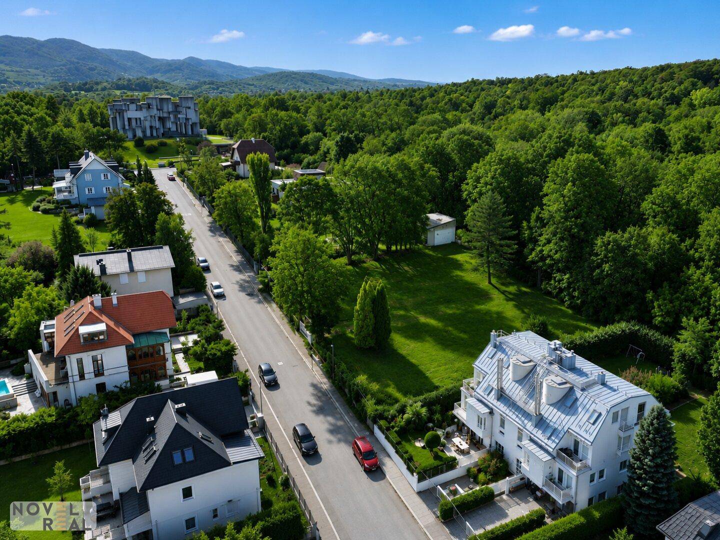 Luftaufnahme einer ruhigen Wohnstraße mit modernen Häusern, viel Grün und Bergblick in der Ferne.