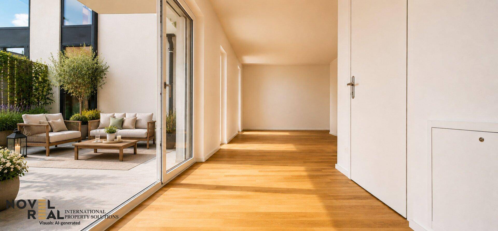 Heller Wohnbereich mit Holzboden und Zugang zu einer möblierten Terrasse.