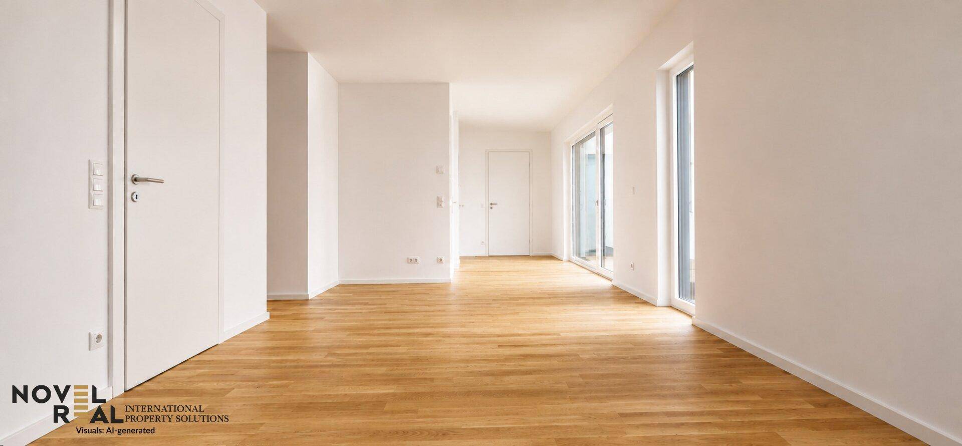 Geräumiger, heller Raum mit Holzboden und großen Fenstern, ideal als Wohnbereich.
