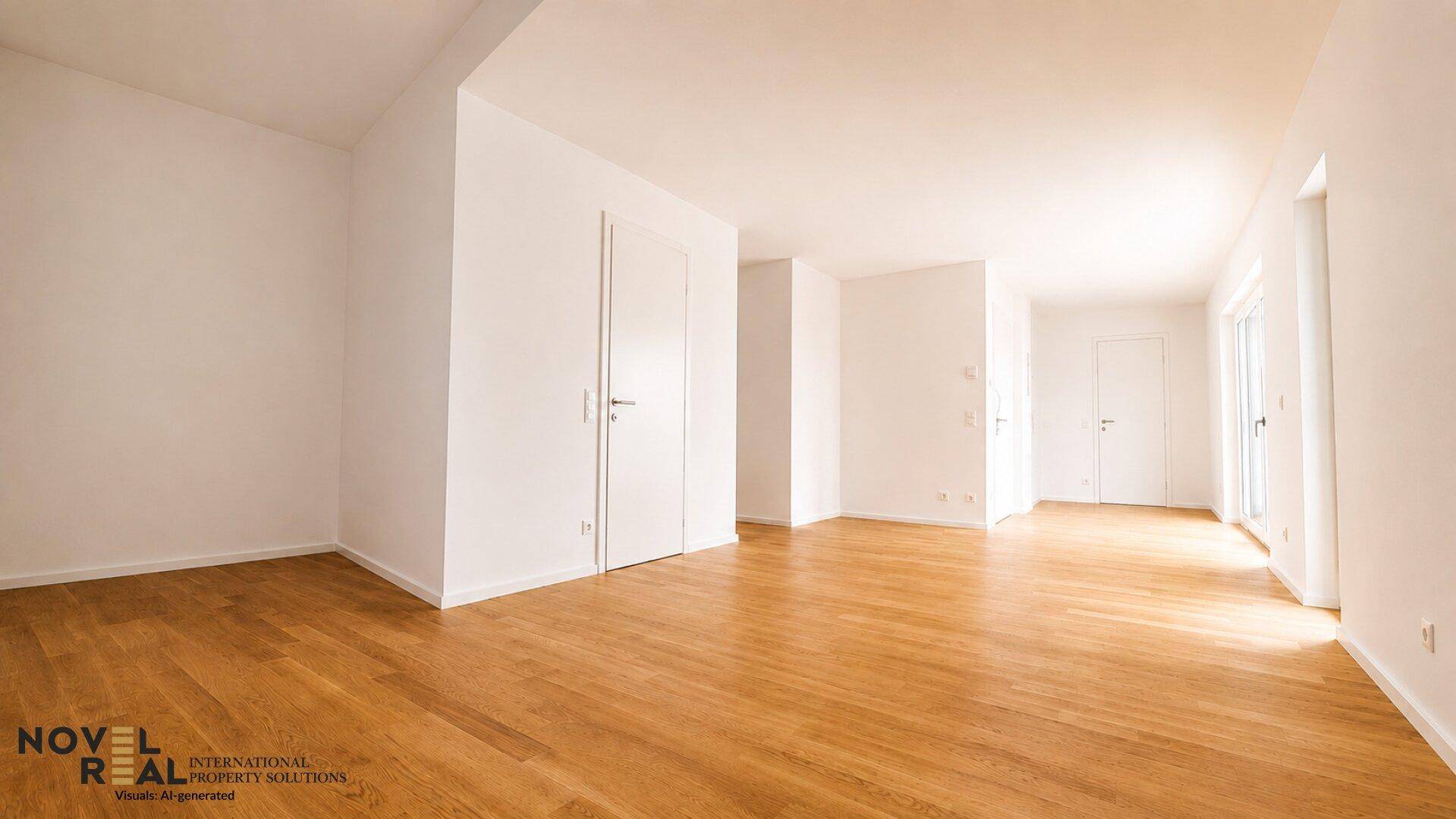 Weitläufiger, heller Raum mit Holzboden und viel Tageslicht, bereit zur individuellen Gestaltung.