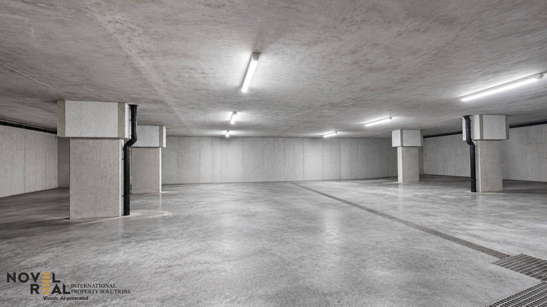 Geräumige Tiefgarage mit Betonpfeilern und glattem Betonboden, gut beleuchtet.