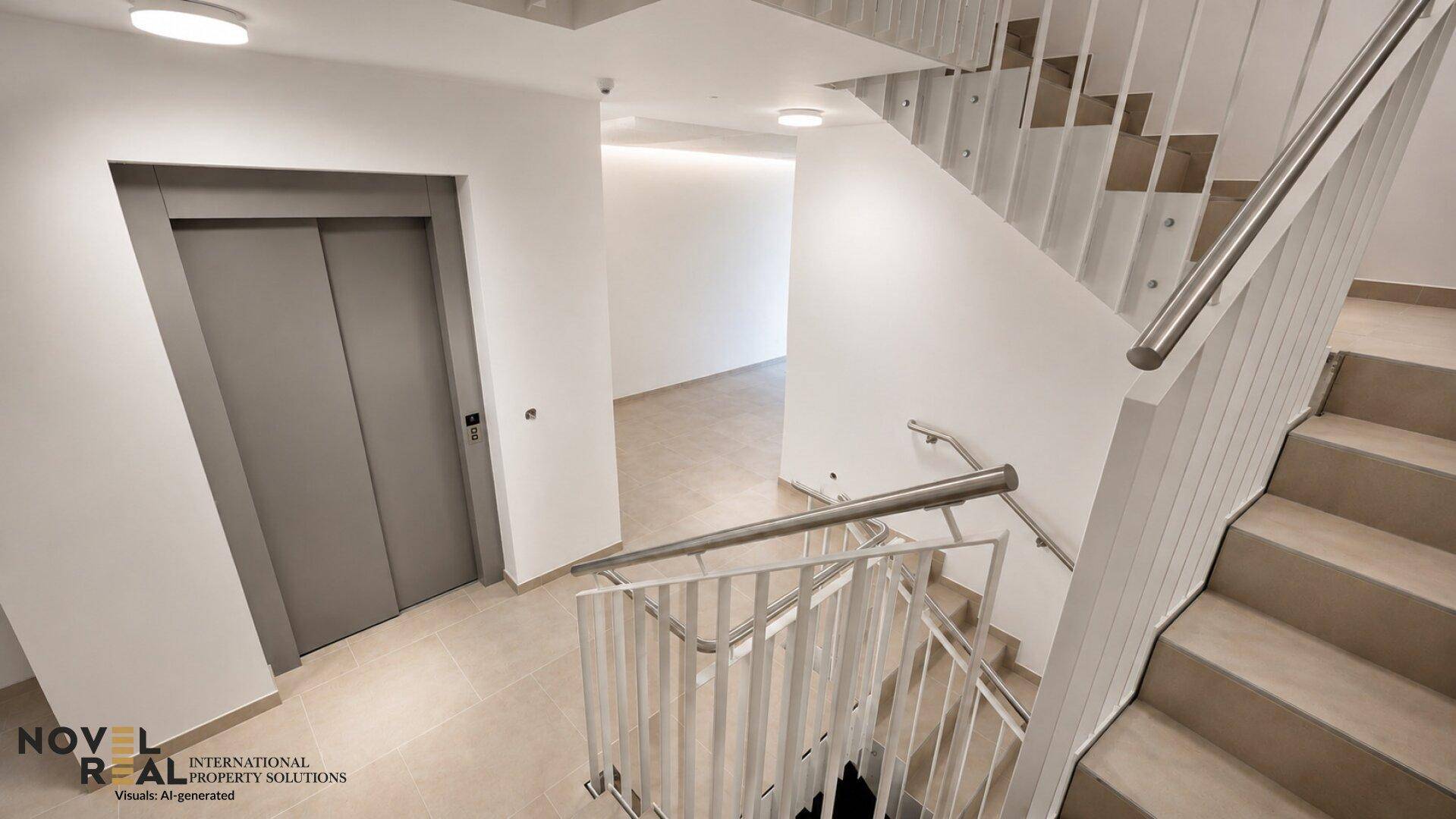 Heller Treppenaufgang mit modernem Geländer und integriertem Aufzug in einem Mehrfamilienhaus.