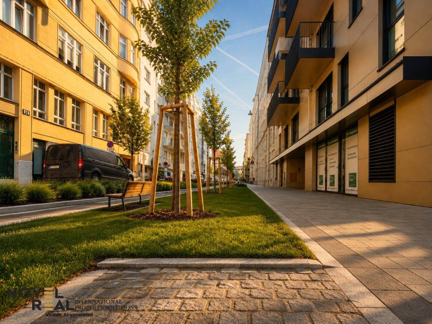 Sonnenbeschienene Stadtstraße mit Bäumen, Grünflächen und Gebäuden in urbaner Umgebung.