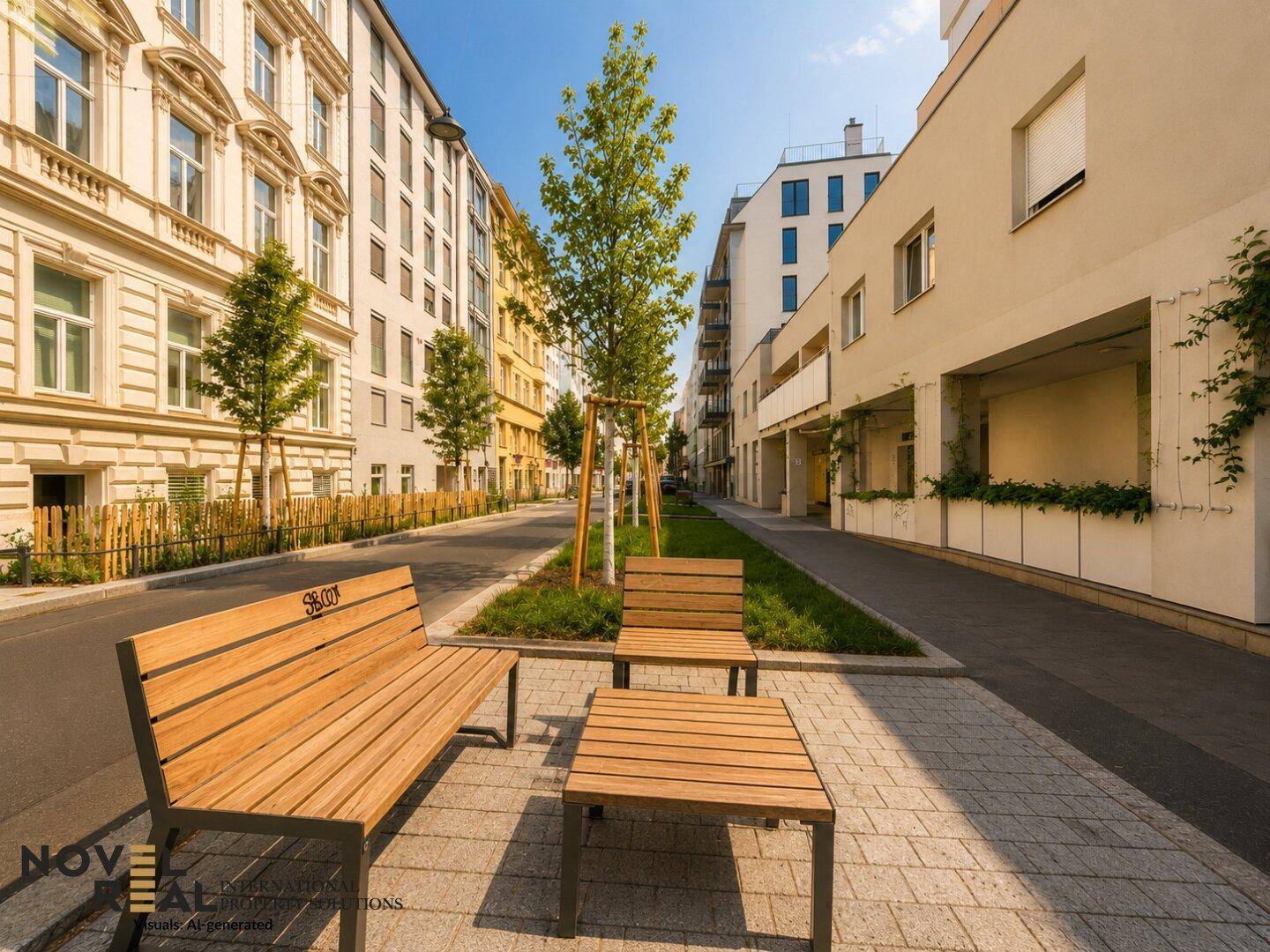 Stadtstraße mit Sitzbänken, Bäumen und Grünflächen, umgeben von Wohngebäuden.