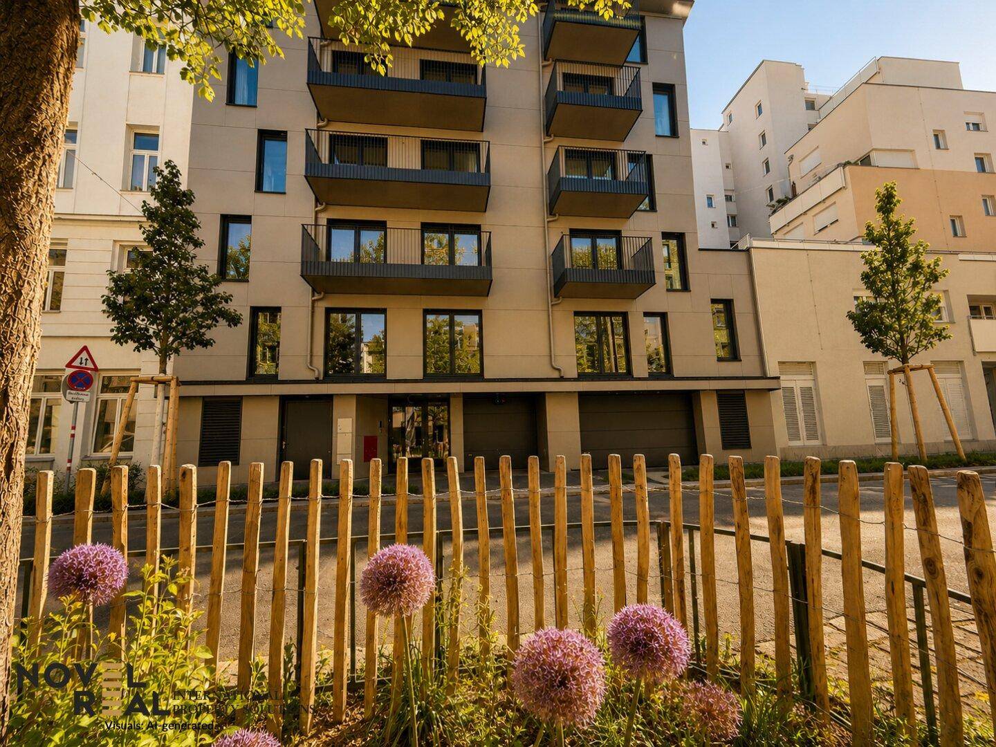Ansicht eines modernen Wohngebäudes mit Balkonen, umgeben von Blumen und einem Holzzaun.