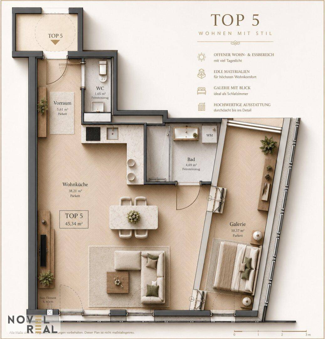 Grundriss der Wohnung TOP 5 mit offener Wohnküche, Bad und separatem WC.
