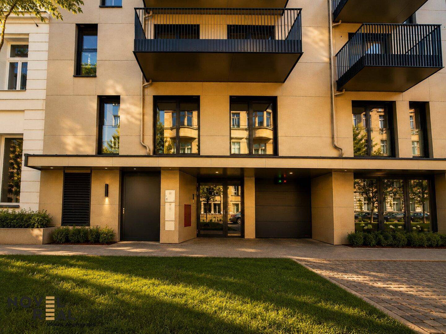 Moderner Gebäudeeingang mit kleiner Rasenfläche, Balkonen und integrierter Garage.