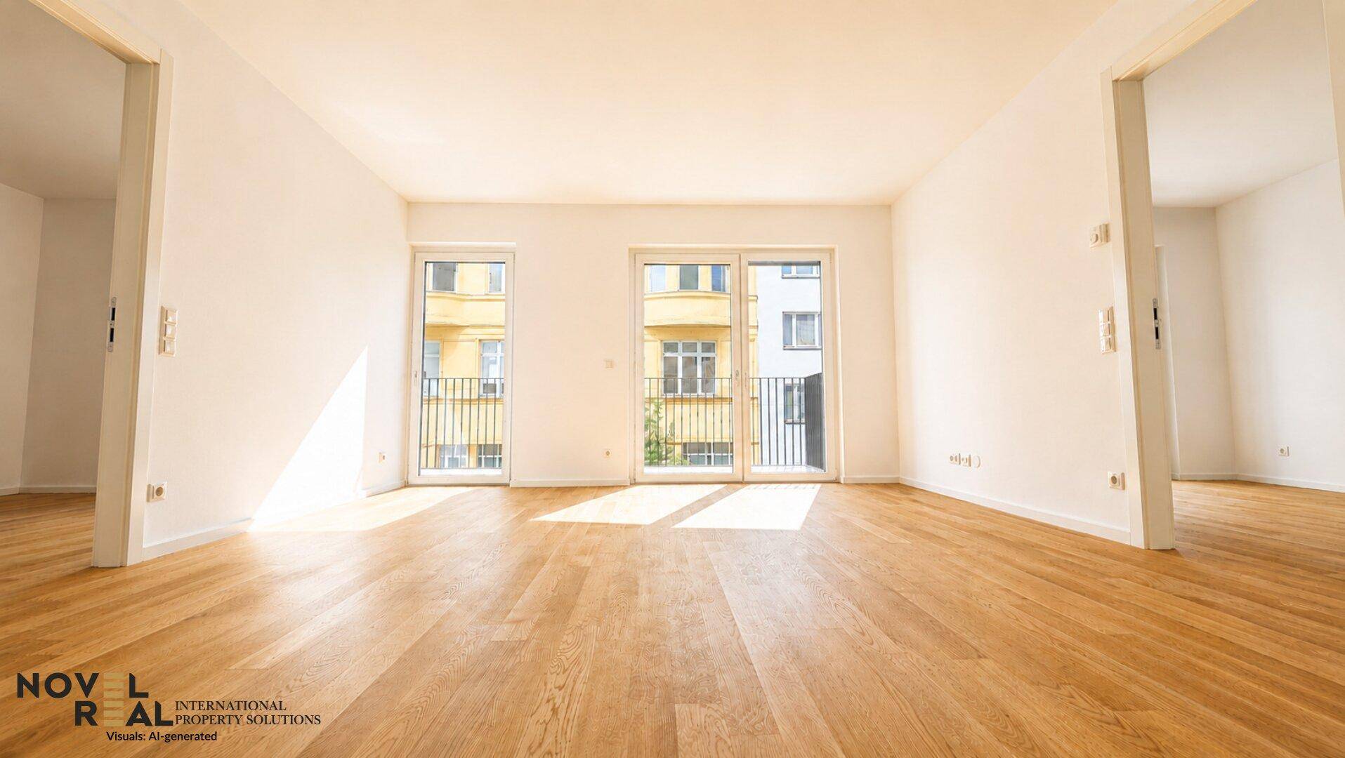 Heller, leerer Raum mit Holzparkettboden und Zugang zu einem französischen Balkon.