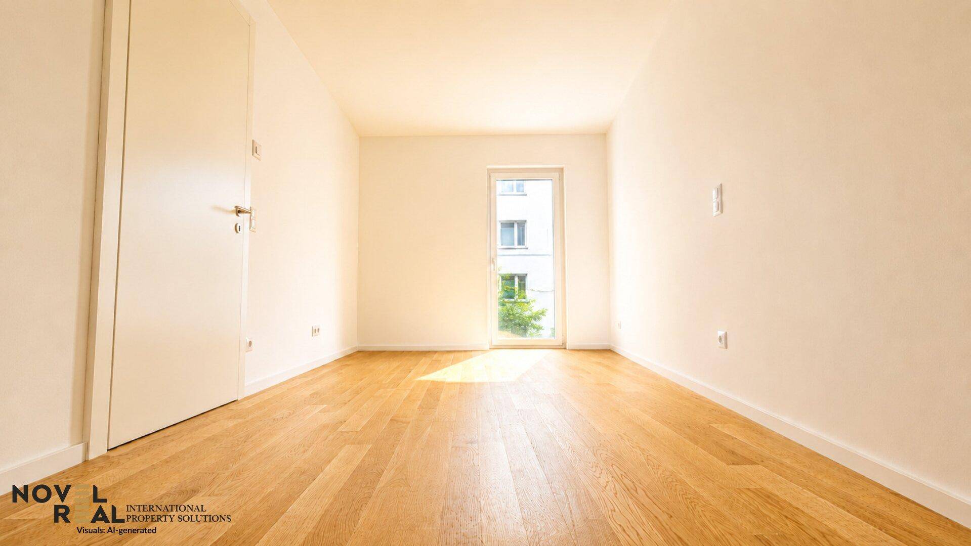 Helles, leeres Zimmer mit Holzboden und einer Tür, die ins Freie führt.