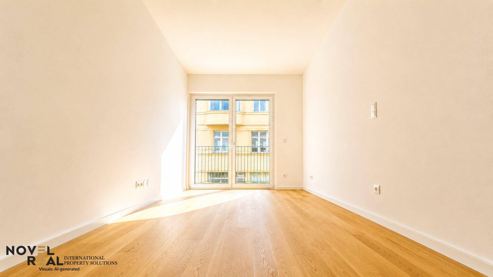 Sonniger, unmöblierter Raum mit Holzboden und Zugang zu einem französischen Balkon.