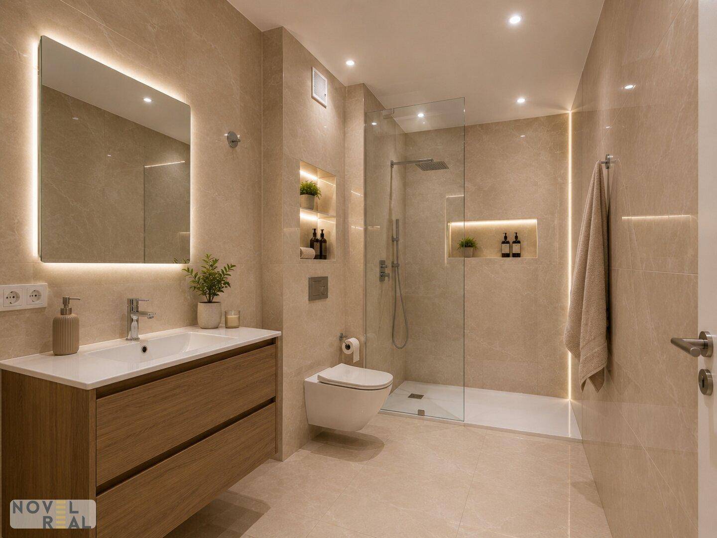 Modernes Badezimmer mit beigefarbenen Fliesen, beleuchtetem Spiegel und ebenerdiger Dusche.