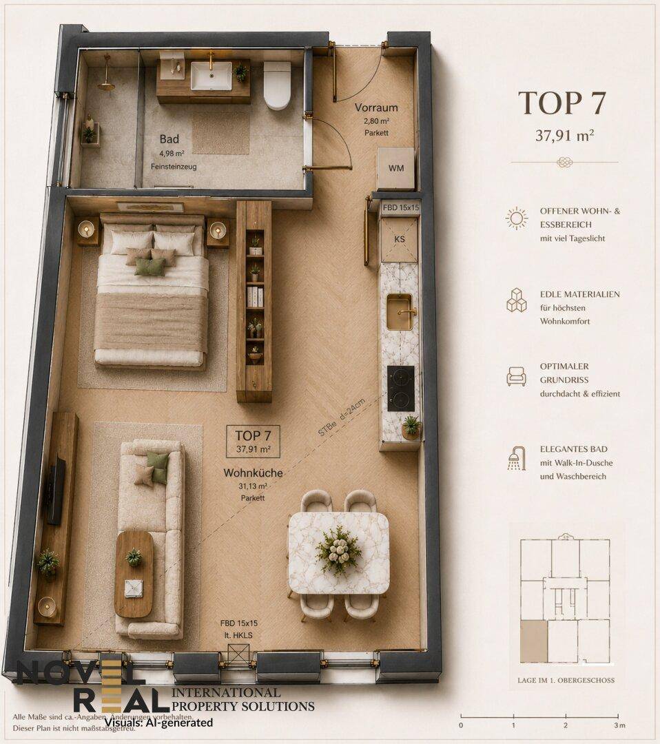 Detaillierter 3D-Grundriss einer Wohnung mit offenem Wohn- und Essbereich.