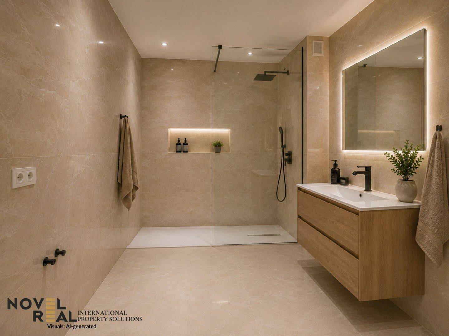 Modernes Badezimmer mit beigefarbenen Fliesen, begehbarer Dusche und elegantem Waschtisch.