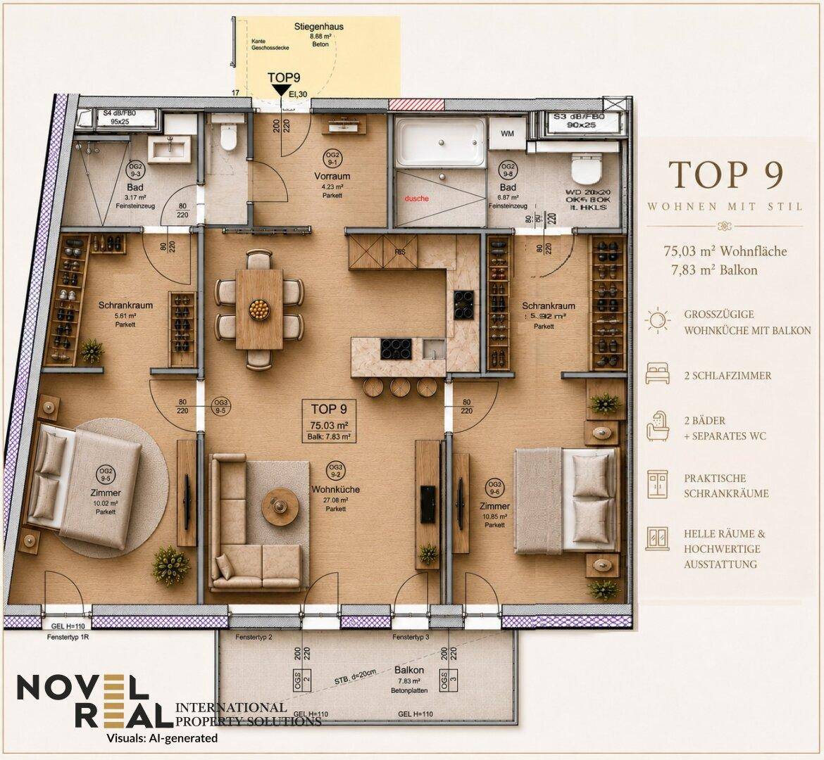 Grundriss der Wohnung TOP 9 mit 75,03 m² Wohnfläche, zwei Schlafzimmern, zwei Bädern und Balkon.