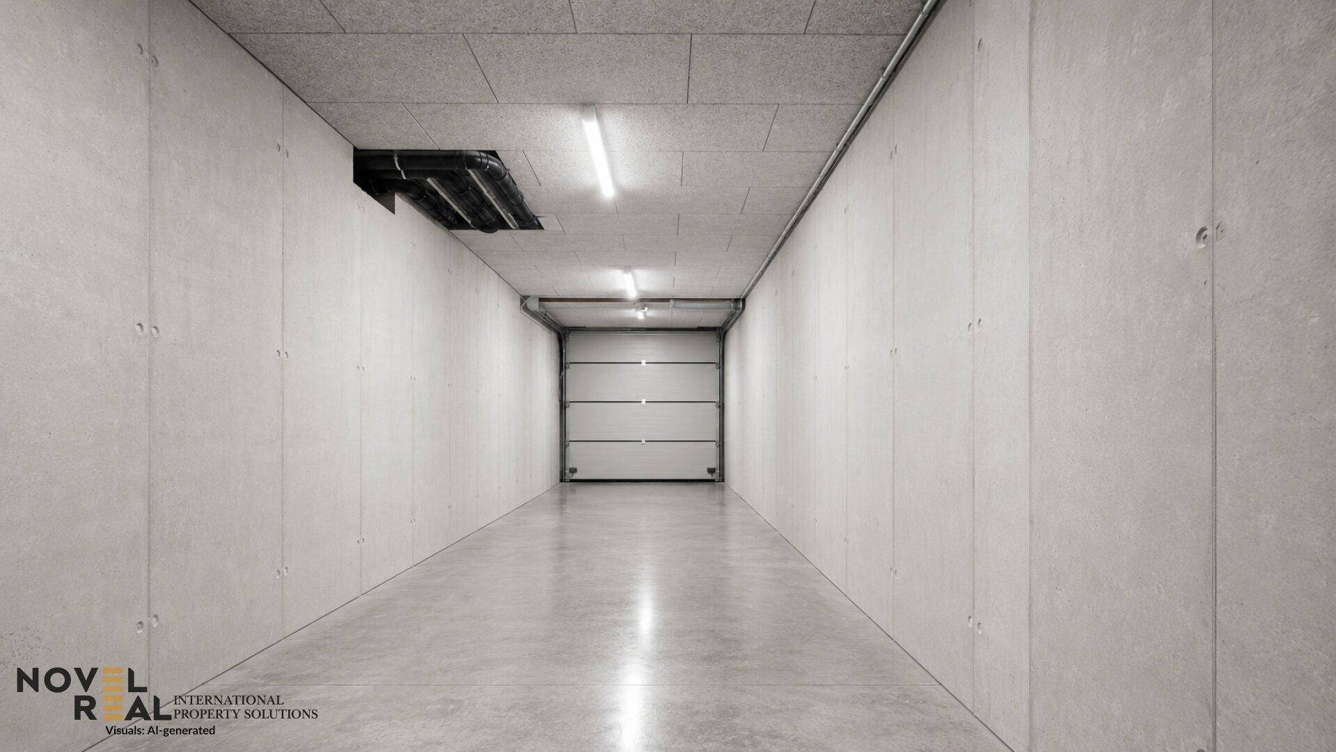 Langer Gang in einer Tiefgarage mit Rolltor am Ende und Betonwänden.