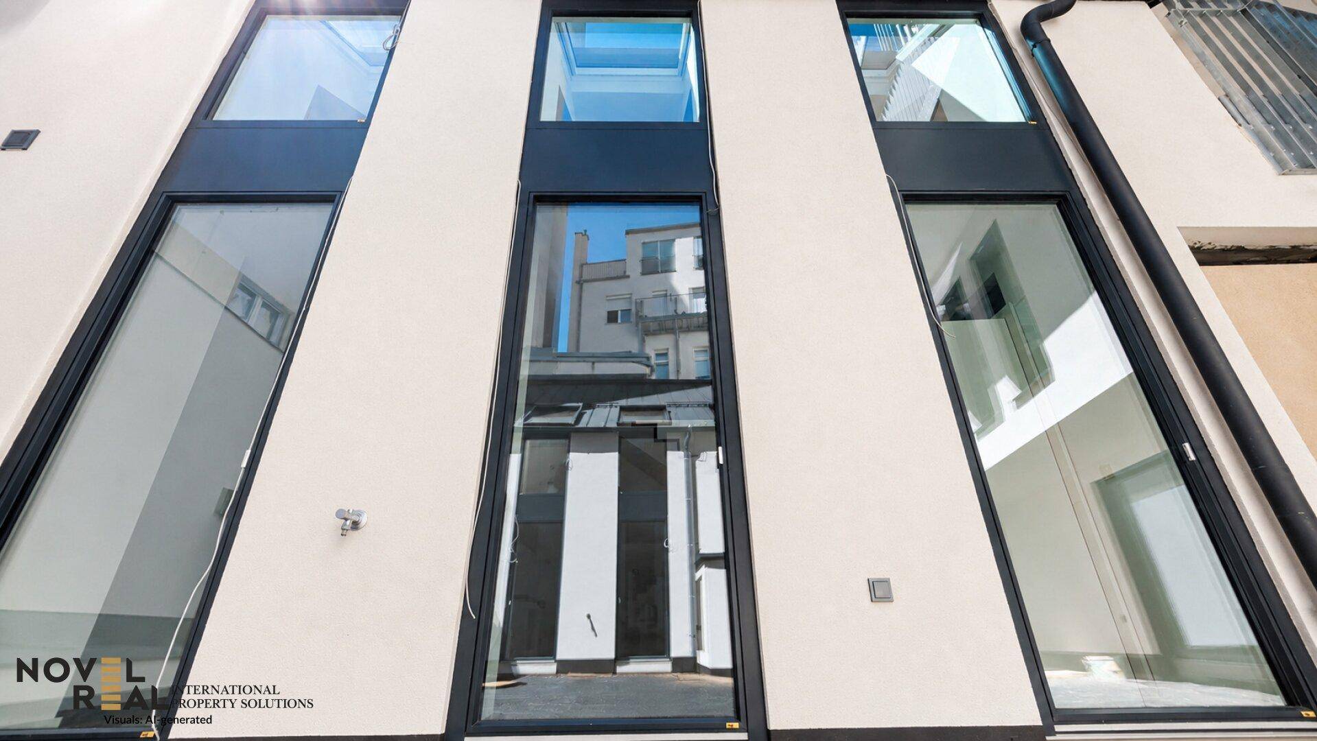 Vertikale Fensterfronten eines modernen Gebäudes mit heller Fassade und klarem Himmel.