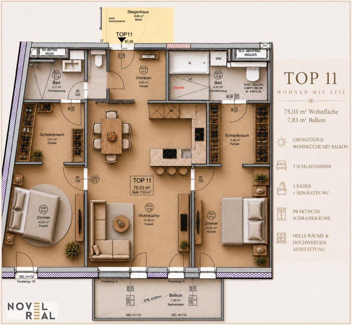 Detaillierter Grundriss einer Wohnung mit 75,03 m² Wohnfläche, zwei Schlafzimmern und Balkon.