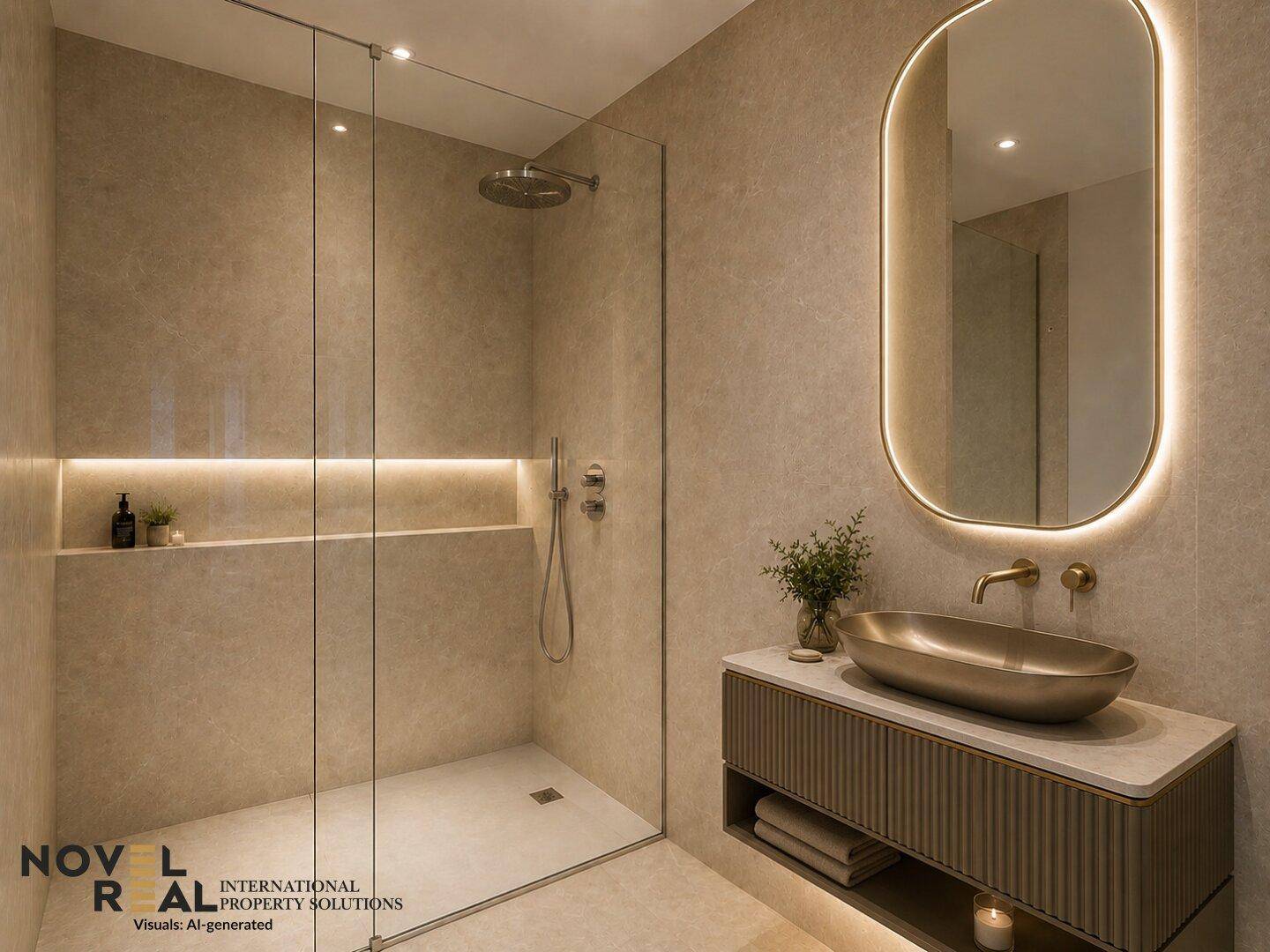 Elegantes Badezimmer mit begehbarer Dusche, modernem Waschbecken und indirekter Beleuchtung.