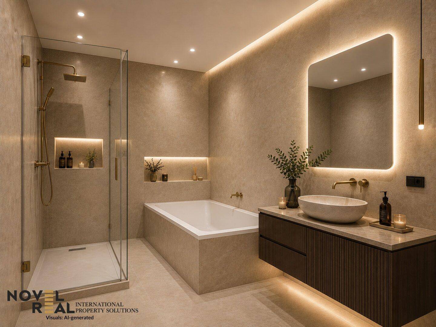Luxuriöses Badezimmer mit moderner Dusche, Badewanne und beleuchtetem Spiegel.