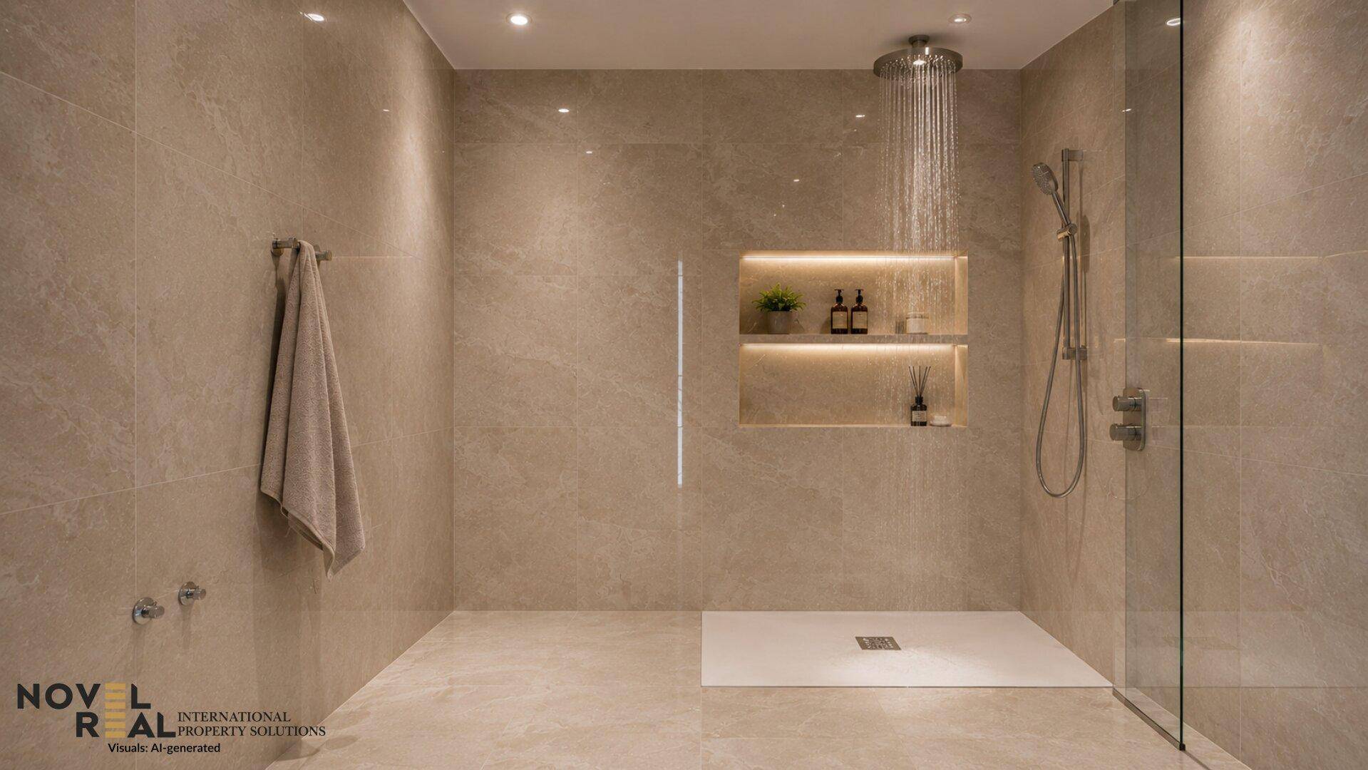 Modernes Badezimmer mit großen Fliesen, begehbarer Dusche und integrierter Nische mit Beleuchtung.