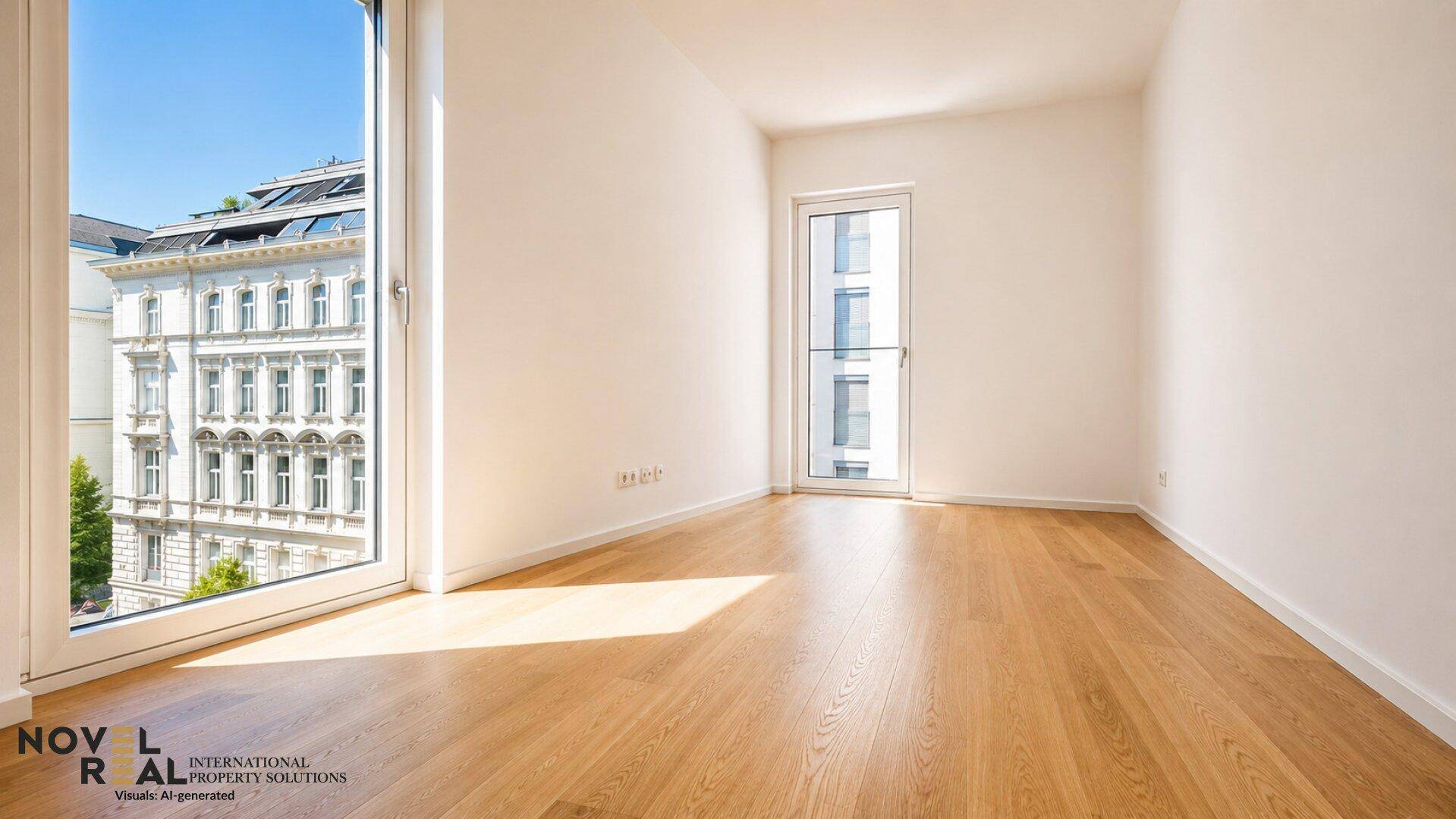 Helles Zimmer mit Holzboden und Blick auf die Stadt durch ein großes Fenster.