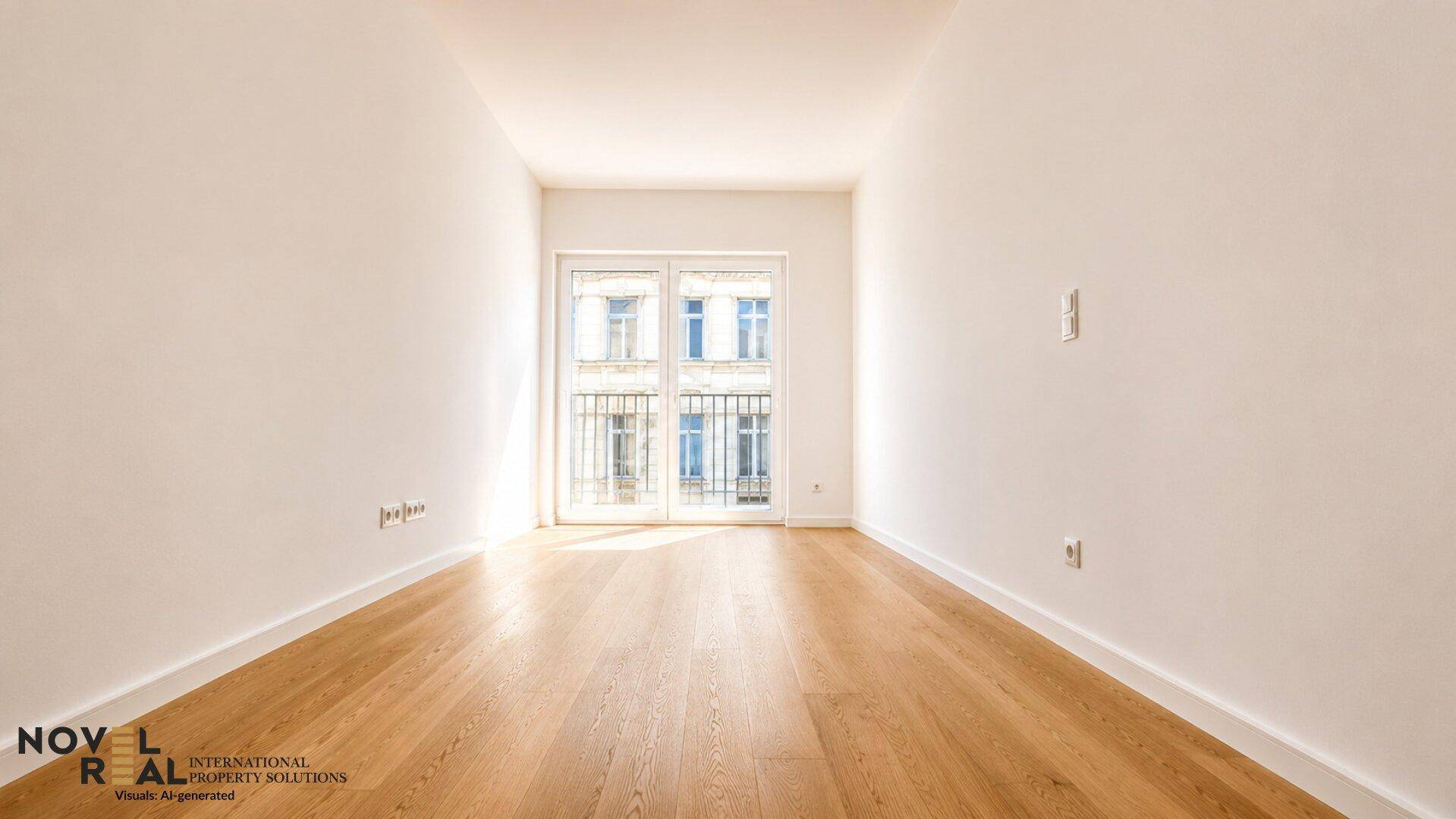 Schmaler, heller Raum mit Holzboden und französischen Balkonfenstern, die Tageslicht spenden.