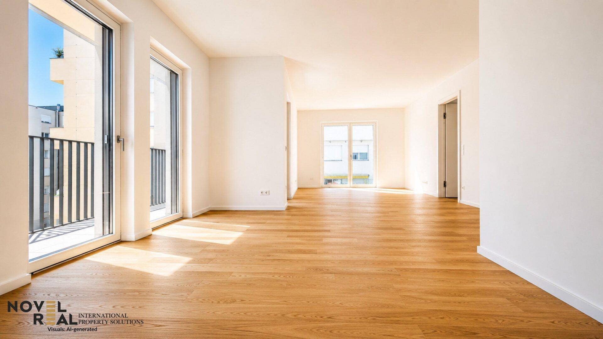 Geräumiges, helles Zimmer mit Holzboden und großen Fenstern, die viel Tageslicht hereinlassen.