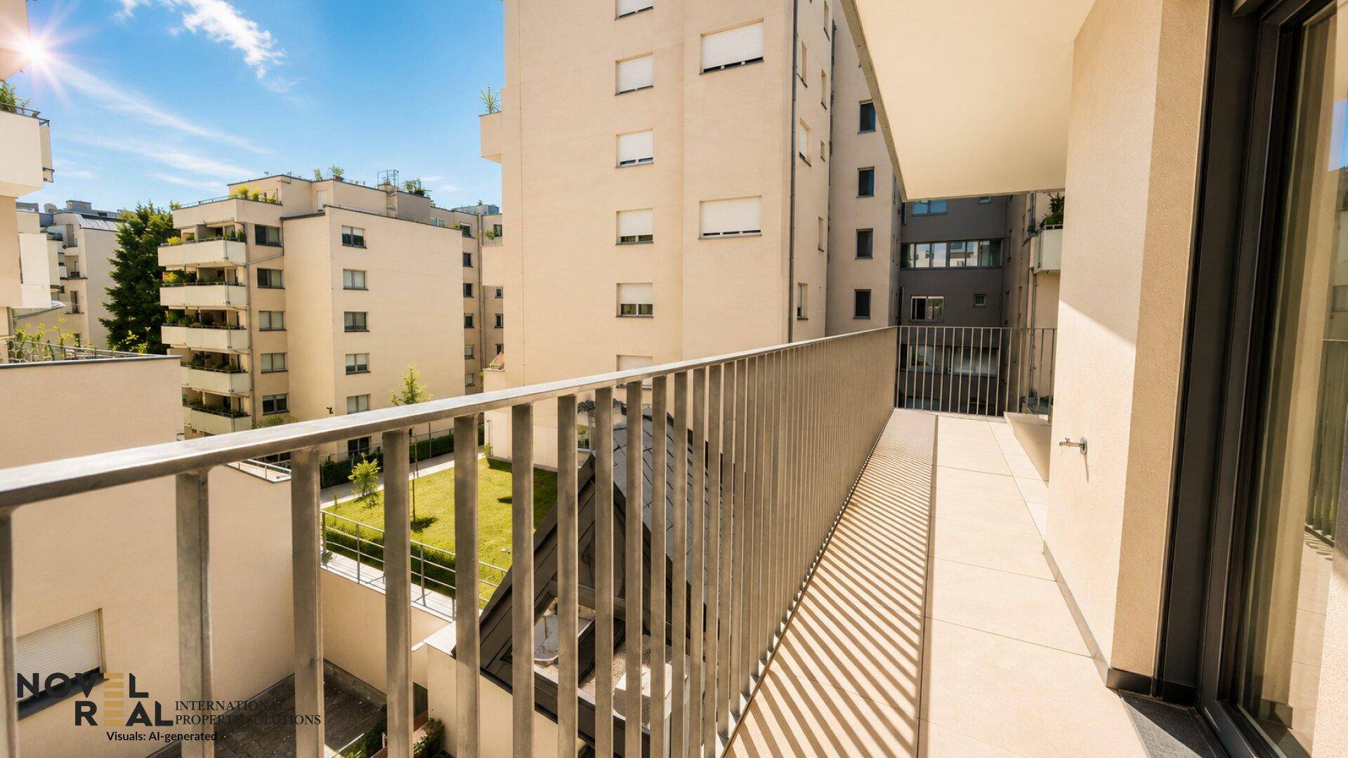 Langer Balkon mit Fliesenboden und Blick auf moderne Wohngebäude und Grünflächen.