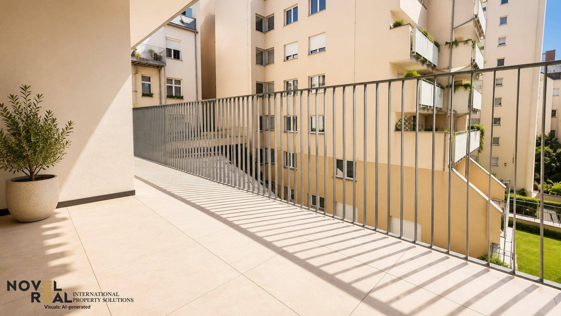 Geräumiger Balkon mit Fliesenboden und einem dekorativen Pflanzenkübel, umgeben von modernen Gebäuden.
