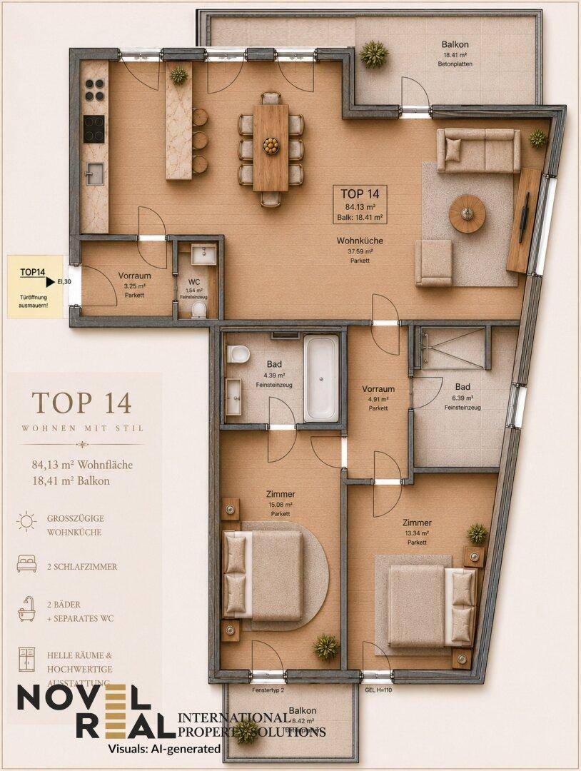 Detaillierter Grundriss einer Wohnung mit offenem Wohnbereich, zwei Bädern und Balkonen.