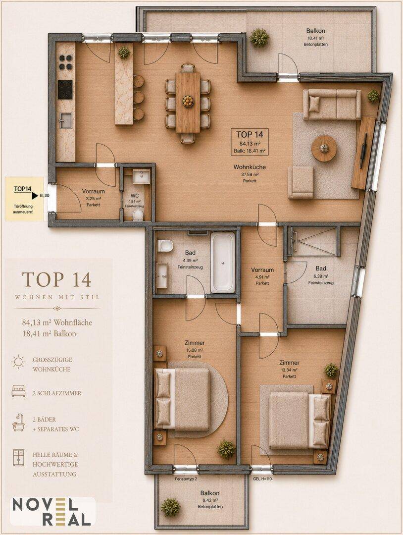 Detaillierter Grundriss der Wohnung TOP 14 mit 84,13 m² Wohnfläche und zwei Balkonen.