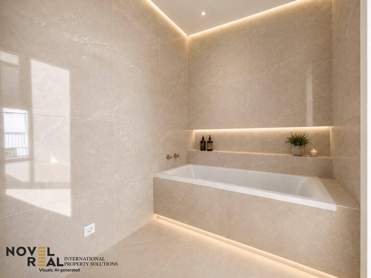 Elegantes Badezimmer mit integrierter Badewanne, indirekter Beleuchtung und modernen Fliesen.