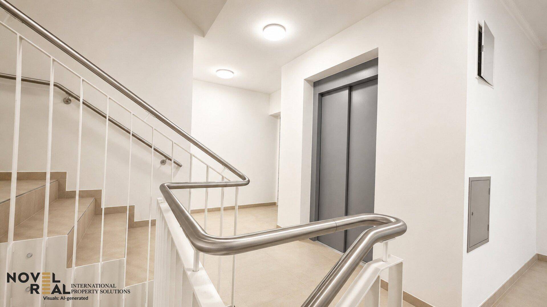 Treppenhaus und Aufzug in einem modernen Gebäude, mit klaren Linien und funktionalem Design.