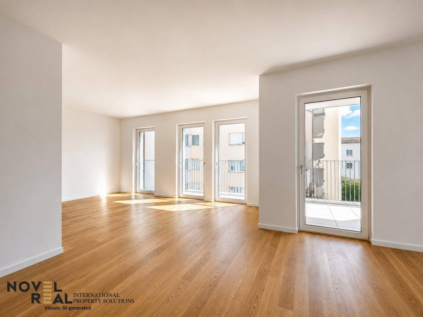 Geräumiges, helles Zimmer mit Parkettboden und Zugang zu einem Balkon, ideal für offenes Wohnen.