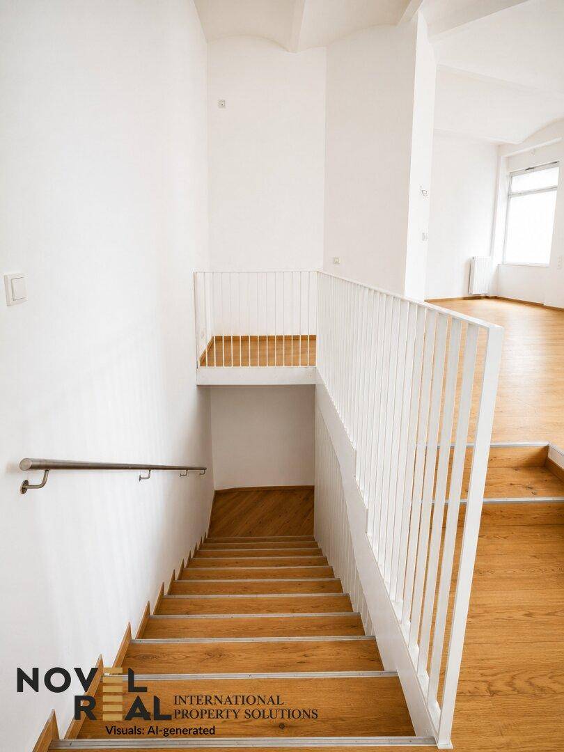 Moderne Holztreppe mit weißem Geländer, die zu einer unteren Ebene führt.
