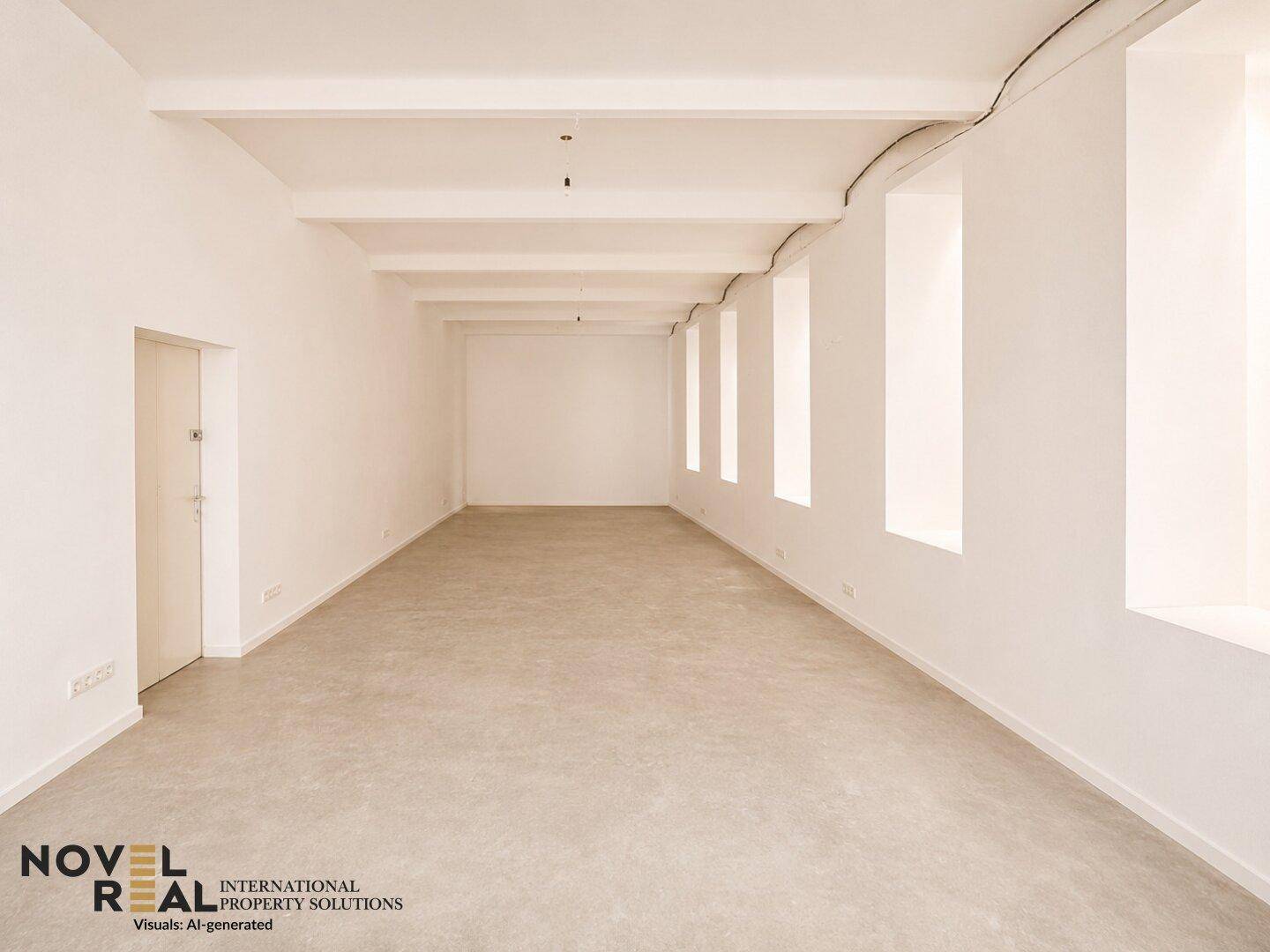 Langer, heller Raum mit Betonscreed-Boden, hohen Fenstern und sichtbaren Deckenbalken.