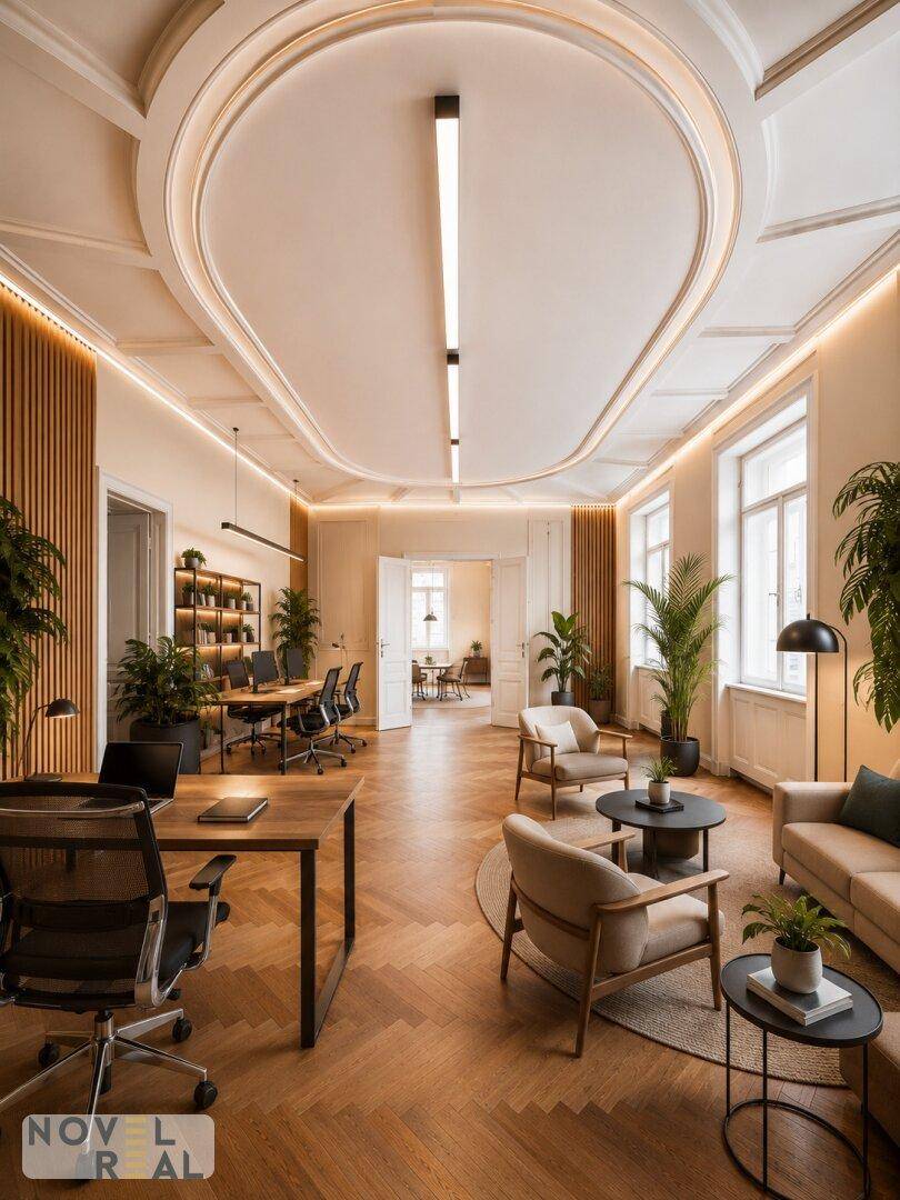 Modern eingerichtetes Büro mit Fischgrätparkett, Stuckdecke und viel Tageslicht.
