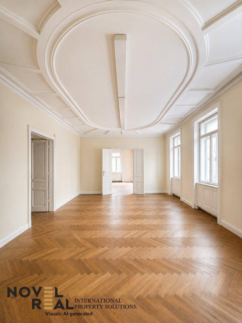 Geräumiges Zimmer mit Fischgrätparkett, hohen Decken und einer ovalen Stuckverzierung an der Decke.